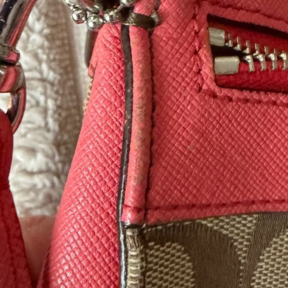 Coach Signature Canvas Saffiano Leather Wristlet Coral Pink Khaki 52860 - Picture 7 of 15